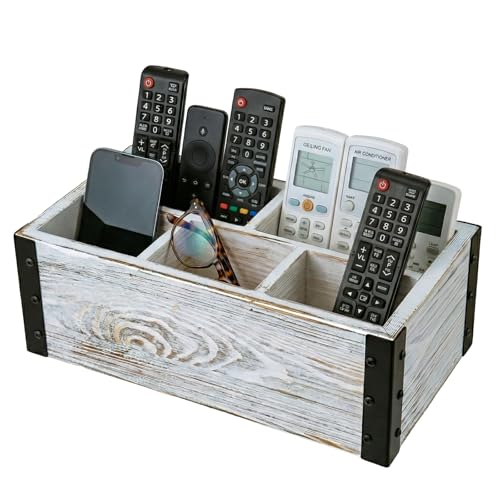 MyGift Rustic Whitewashed Wood 5-Compartment Remote Control and Media Storage Organizer with Black Metal Corner Trim - color: White Washed