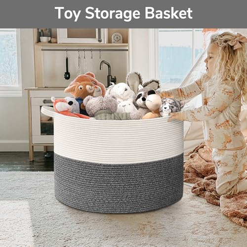 Goodpick 115L Extra Large Blanket Basket, Soft Cotton Rope Storage Basket for Organizing, Home Decor, Toys, Toy Storage Organizer for Living Room & Nursery, Grey - color: White & Grey, size: 23.5x23.5x15.8 Inch (Pack of 1)