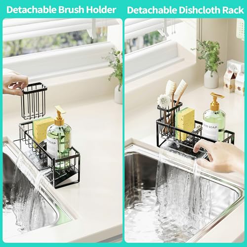 HapiRm Sponge Holder for Kitchen Sink - Self-draining Sink Caddy with Brush and Dishcloth Holders with Sloping Drainage - Black - color: Black-sloping, size: with Dishcloth Holder