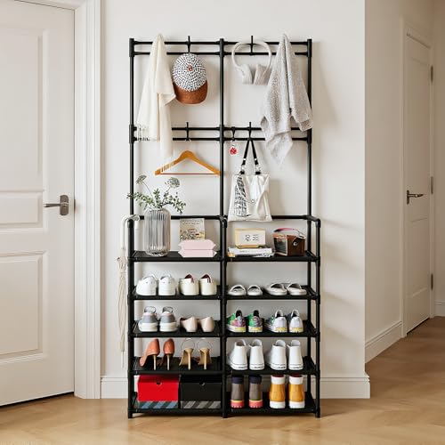 UDEAR 5-Tier Coat and Shoe Rack, Entryway Coat Rack with 8 Hooks, Double Row Shoes Organizer for Living Room, Bedroom, Office, Black