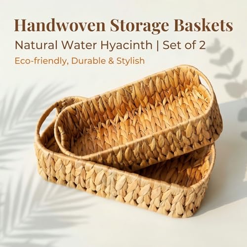 Toilet Paper Storage 2-Pack, Water Hyacinth Wicker Over the Tank Toilet Paper Holder & Narrow Bathroom Basket for Tissue Rolls, Countertops and Water Tank Covers
