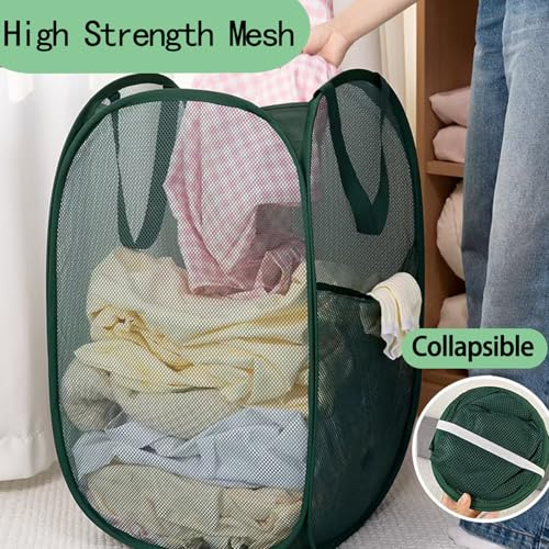 Pop Up Laundry Hamper Thick Mesh Collapsible Laundry Baskets, Large Side Pocket, Strong Handles, Travel Friendly for Cruise, RV (Green+Pink) - color: Green+Pink