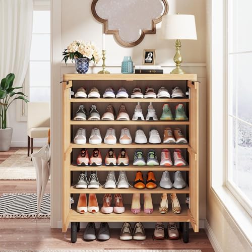 Tribesigns 6-Tier Shoe Cabinet with Shutter Doors, Large Wooden Shoe Organizer Rack with Adjustable Shelves, Modern Farmhouse Hidden Storage Furniture for Entryway, Hallway (Light Brown) - color: Light Brown