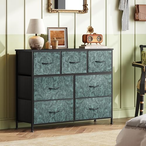 WLIVE 7 Drawer Dresser TV Stand, Entertainment Center, Media Console Table with Metal Frame and Wood Top for TV up to 45 inch, Chest of Drawers for Bedroom, Living Room, Vintage Green - color: Turquoise