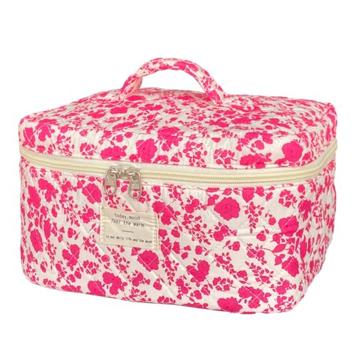 Rose Red Large Quilted Floral Makeup Bag Cute Soft Coquette Aesthetic Cosmetic Bag Cotton Travel Toiletry Bag for Women - color: A-Rose red
