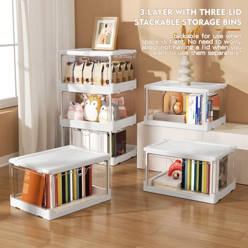 Kmiectse Clear Storage Bin with Lid 3 Pack 【Stackable & Sturdy】 Plastic Multifunctional Folding Storage Bins for Bedroom, Living Room, Study,Room, 23 QT Folding Box with Magnetic Door - size: 3 Tier-3 Lids