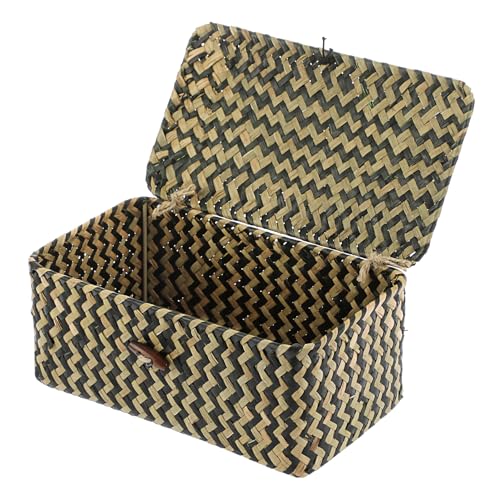 Hipiwe X-small Wicker Basket with Lid Natural Seagrass Storage Baskets Box Handwoven Household Organizer Box Multipurpose Woven Storage Basket for Shelf Closet,Black - color: Black, size: X-Small