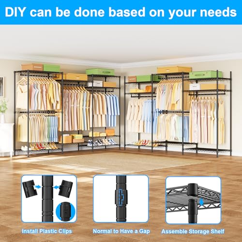 Ulif E13 Pro Heavy Duty Clothes Rack（With 4 Hanger Rods & 8 Shelves） Freestanding Clothing Racks for Hanging Clothes，Adjustable Closet，Metal Garment Rack 75" W x16 D x77 H，Max Load 1000LBS，Black - color: Black, size: E13 Pro