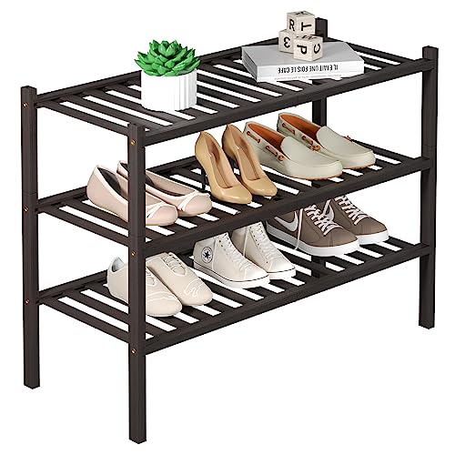 ROMGUAR CRAFT 3 Tier Bamboo Shoe Rack for Closet Free Standing Wood Shoe Shelf for Entryway Small Space Stackable 27"x11"x20" (Brown) - color: Brown, size: 3 Tier