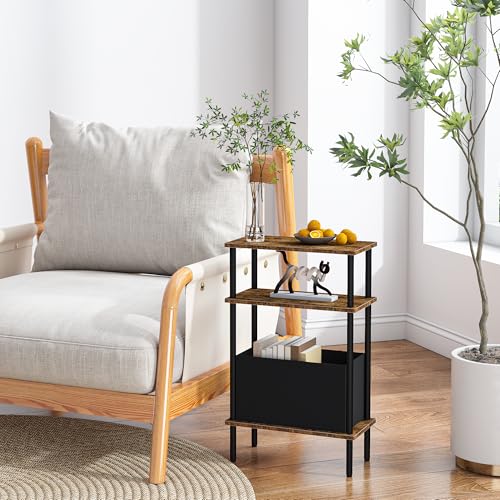 Narrow Side Table with Fabric Basket, End Table for Small Spaces, Slim Nightstand with 3-Tier Storage Shelf, Sofa Beside Table, for Living Room, Bed Room, Rustic Brown - color: Rustic Brown