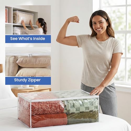 Handy Laundry Blanket Storage Bags - 90 L, Pack Of 4, Zippered Large Clear Plastic Storage Bag, Shield Your Quilt Blankets, Bedding & Clothes from Dust, Dirt & Moisture, Gliding Zipper for Easy Access - color: Clear 4-Pack