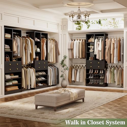 Besiost Closet System, Up to 134"/11.2 FT Closet Organizer with 4 Wooden Drawers and Shelves, Walk-in Closet System with 6 Hanging Rods, Built-in Closet Can Fit 96"/8FT, 120"/10FT, Black - color: Black, size: Style A: 77.6"—134"(W)