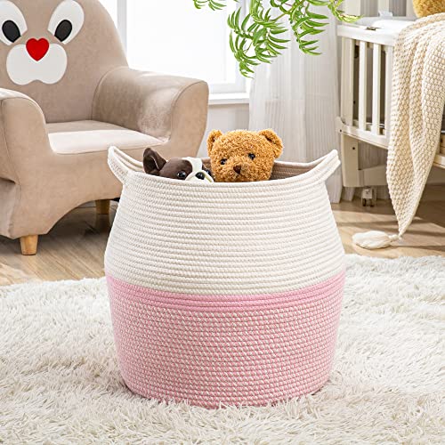 KAKAMAY Woven Baskets for Storage(17"x17"),Large Cotton Rope Woven Baby Laundry Hamper,Collapsible Laundry Basket, Blanket Basket for Organizing Living Room,Nursery,Pillows,Toy Chest(Pink) - color: Pink