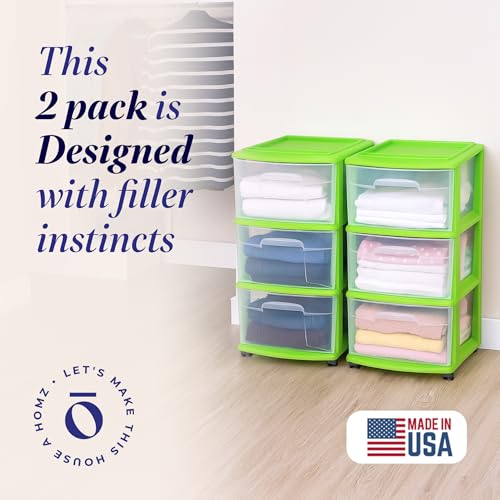 HOMZ 2-Pack Drawer Tower, 3-Tier Clear Plastic Storage Organizer Cart, Bold Lime Frame - Organizing Containers with Wheels for Home, Bathroom, Bedroom, Office, and Classroom - color: Bold Lime, size: 2 Pack
