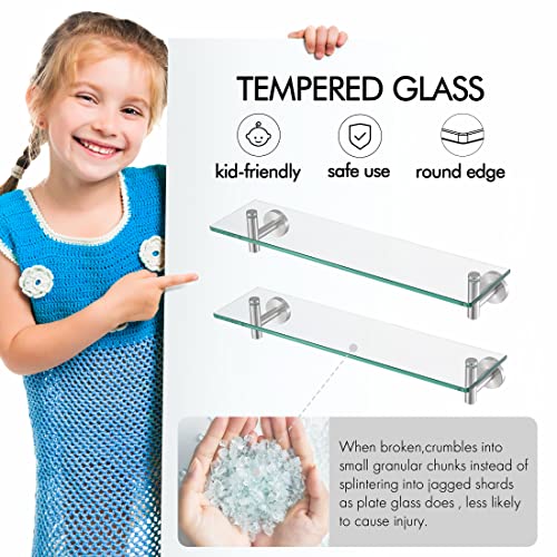KES Glass Shelf for Bathroom, Floating Glass Shelves for Wall, 20 Inch Tempered Glass Shelf 2 Pack with Rustproof Stainless Steel Brackets Wall Mounted Brushed Finish, A2021-2-P2 - color: Brushed Finish