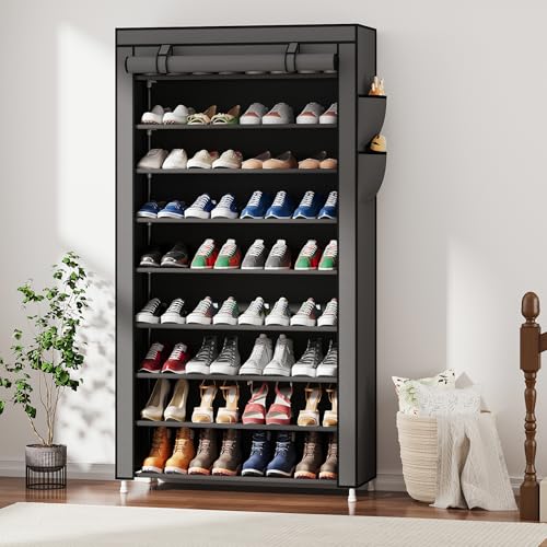 Laiensia 9-Tier Vertical Shoe Rack Organizer, Space Saving Shoe Storage Organizer, Non-Woven Cover Shoe Shelf Holds 36-45Pairs for Bedroom, Hallway, Closet Entryway, Grey - color: Grey, size: 9-tier