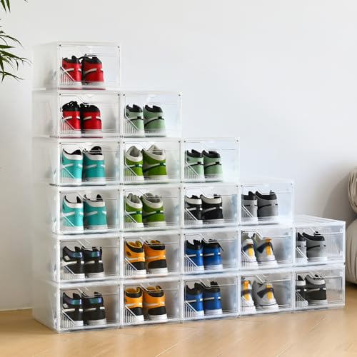 Large Shoe Boxes Clear Plastic Stackable，Drop Front Shoe Box with Clear Door, Shoe Containers For Sneaker Display,Fit up to US Size12 (white clear-Conjoined structure, 6 pack) - color: white clear-Conjoined structure, size: 6 pack