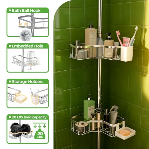 Corner Shower Caddy Tension Pole, 4 Tier Rust-Resistant Adjustable Bathroom Organizer Shelves, Bathtub Storage Rack with Soap Holder, No-Drill Install, Floor to Ceiling Rod 47-121 Inch, Silver - color: Silver