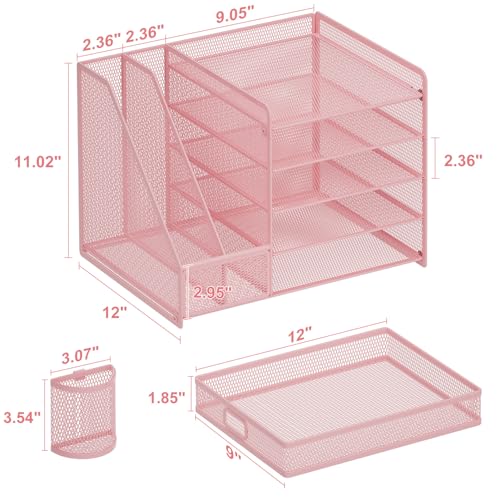 Marbrasse Desk Organizer with File Holder, 5-Tier Paper Letter Tray Organizer with Drawer and 2 Pen Holder, Mesh Desktop Organizer and Storage with Magazine Holder for Office Supplies(Pink) - color: Pink