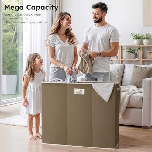 SOLEDI 180L 3-Section Laundry Hamper with Lid, Extra Large Dirty Clothes Basket with Sturdy Handles for Laundry Room & Bedroom - Durable Organizer for Sorting Laundry - color: Chocolate Brown, size: 180L