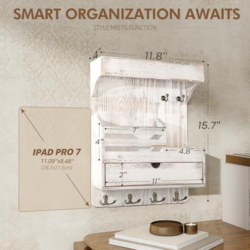Rebee Vision Farmhouse Key Holder Wall Mount with Drawer Organizer – Pine Wooden Mail and Key Organizer for Wall with 6 Rustic Hooks & Floating Shelf – Chic Home Decor Accent (Whitewash) - color: Whitewash, style: Large Drawer