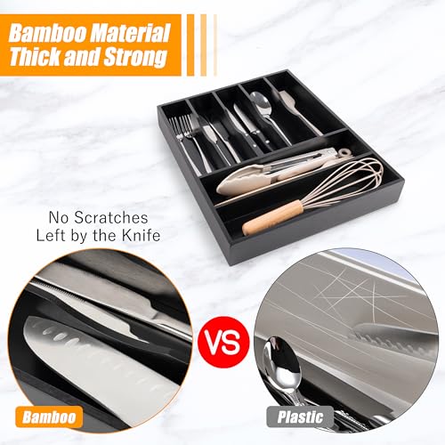 Bellsal Bamboo Silverware Drawer Organizer, Utensil Kitchen Drawer Organizer, Utensil Holder Cutlery Tray with Grooved Drawer Dividers for Kitchen Utensils and Flatware Bedroom Office (7 Slot, Black) - color: Black, size: 7 Slots