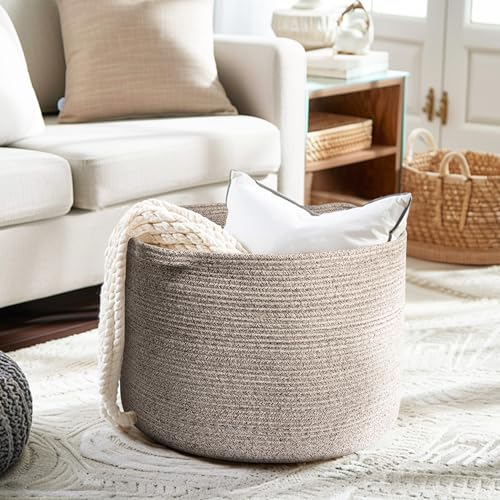 Extra Large Blanket Basket, Woven Cotton Rope Baskets for Organizing 22"x14", Kids Dog Toy Bin Box, Wicker Blanket Storage for Living Room Nursery, Big Throw Pillow Holder Organizer, Brown - color: Brown