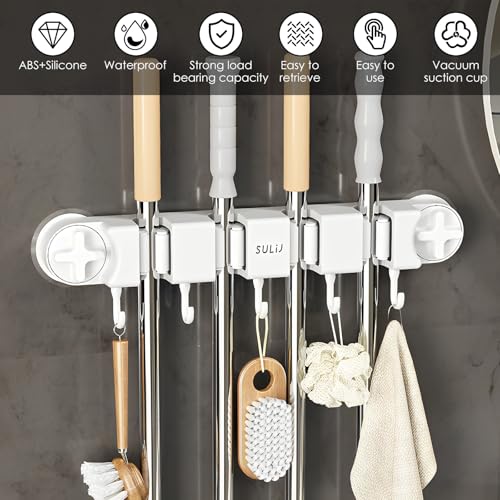Broom Holder Wall Mount Sturdy Mop and Broom Organizer with 4 Racks and 5 Hooks Vacuum Suction Cup Broom Mop Holder for Home, kitchen, Garden, Tools, Garage - color: white