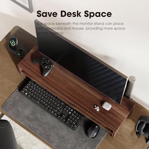 Fenge Monitor Stand, 31.5 Inch Computer Monitor Riser for Desk, 2 Tiers Wood Desk Shelf with Storage, Desktop Organizer for PC, Laptop, Screen, Printer - color: Brown