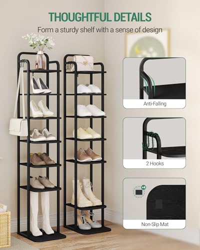 Hzuaneri 8 Tiers Vertical Shoe Rack, Narrow Shoe Tower, Tall Shoes Shelf with 2 Hooks, Adjustable Shelves, Corner Shoes Shelves for Small Spaces, Entryway, Living Room, Black SR04304B - color: Black, size: 8 Tier(11.8"D x 10.4"W x 53.2"H)