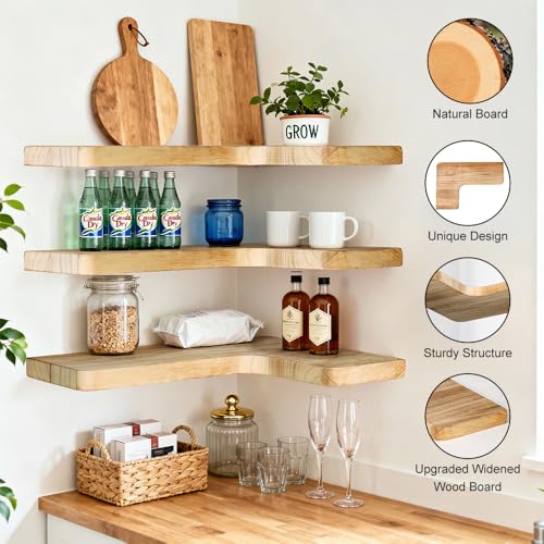 Floating Corner Shelves, Wall Shelf Set of 3, Shelves for Wall Storage, Solid Wood Shelves for Storage, Wall Mount Wooden Display Shelf for Bathroom Bedroom Kitchen Garage (Light 3Pcs) - color: Light 3 Pcs