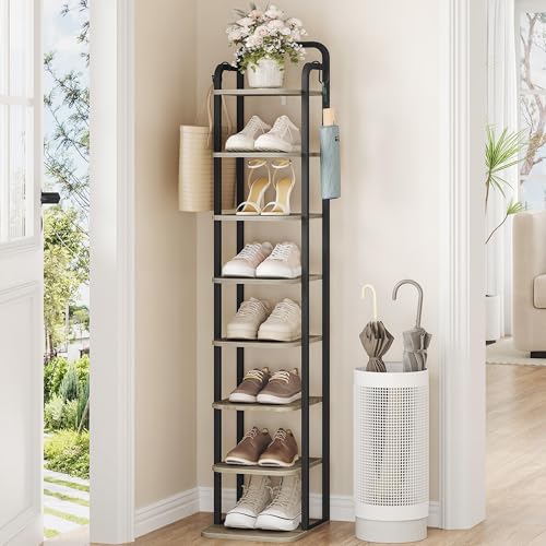 Hzuaneri 8 Tiers Vertical Shoe Rack, Narrow Shoe Tower, Tall Shoes Shelf with 2 Hooks, Adjustable Shelves, Corner Shoes Shelves for Small Spaces, Entryway, Living Room, Greige SR04305B - color: Greige and Black, size: 8 Tier(11.8"D x 10.4"W x 53.2"H)