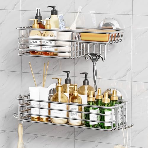 TAILI Shower Caddy Suction Cup 2 Pack with Hooks and Soap Holder, Heavy Duty Shower Organizer for Bathroom, No Drilling Silver Bathroom Suction Shelves-Silver - style: 2 × Silver