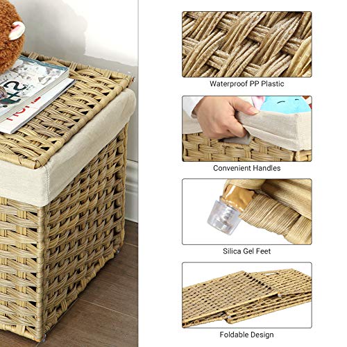 SONGMICS Storage Basket with Lid, Woven Blanket Storage Bin with Handles, Foldable, Removable Liner, Metal Frame, for Bedroom, Laundry Room, 42.3 Gallons (160 L), Natural URST76NL - color: Natural, size: 160 L