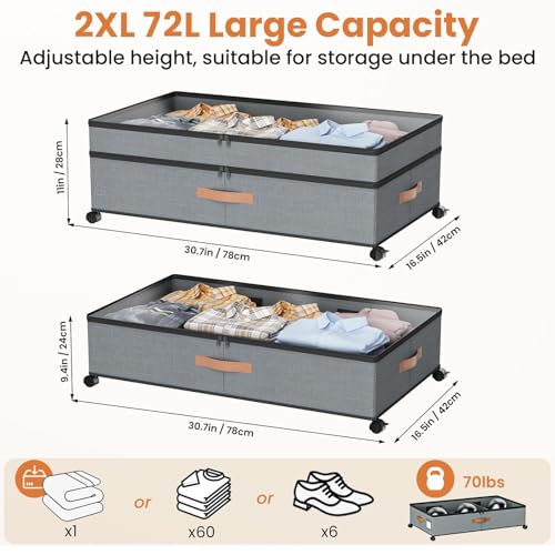 Storage Box,Under Bed Storage with Wheels 72L XXL Under the Bed Storage Containers Large, 10‘’ Tall Adjustable Storage for Underbed with Lids, Rolling for Shoes, Clothes, Blankets, Grey - color: Grey