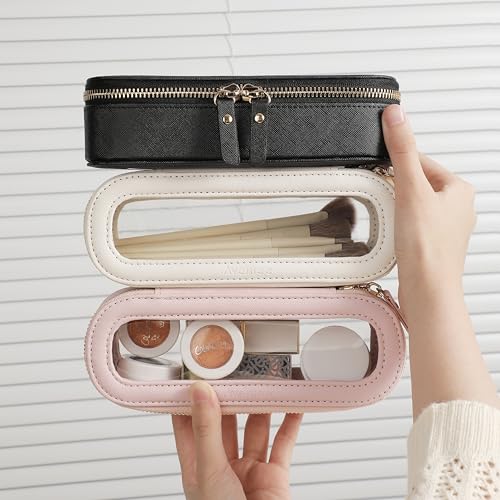 Aveniee Slim Clear Makeup Brush Bag, Small Cosmetic Brush Holder, Mini Toiletry Bag Travel Case for Women, Thin Make up Bags with Dual Zipper, Cute Travel Essentials Bag Organize - White - color: Off-White, style: Graceful Slim