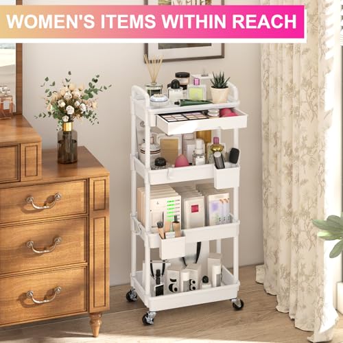 Goovilla 4 Tier Rolling Utility Cart Organizer with Removable Drawer, Stable and Sturdy White Rolling Storage Carts with 2 Lockable Wheels for Bathroom, Kitchen, Snack, Craft, Makeup, Baby Essentials - size: 4 Tier, style: White