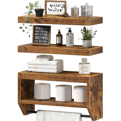 QEEIG Bathroom Floating Shelves for Wall - Shelf Over Toilet Paper Storage Farmhouse 16 inch Set of 3, Rustic Brown (028-40BN3) - color: Rustic Brown