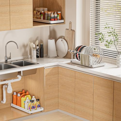 Pots and Pans Organizer Under Cabinet, Pull-out Pots and Pans Organizer, Under Cabinet Pot Lid Holder, Sliding type Pots and Pans Storage with 8 Adjustable Dividers & Handle Bracket - White - color: White, size: 8 Dividers-1 Pack