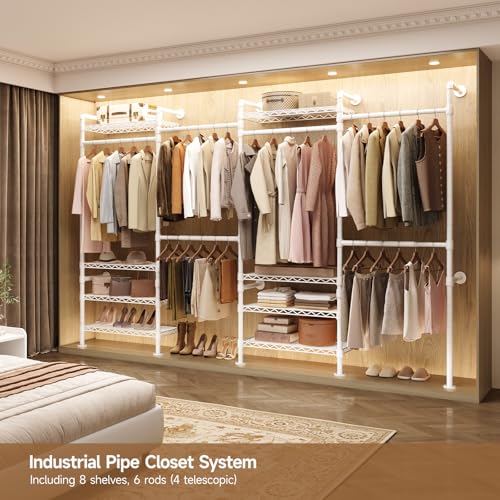 ComfyCorner Wall Mounted Garment Rack, Industrial Pipe Metal Clothing Rack with 6 Hanging Rods (4 Expandable) & 8 Shelves, Closet Organizers and Storage System for Bedroom, Walk in Closet - color: White