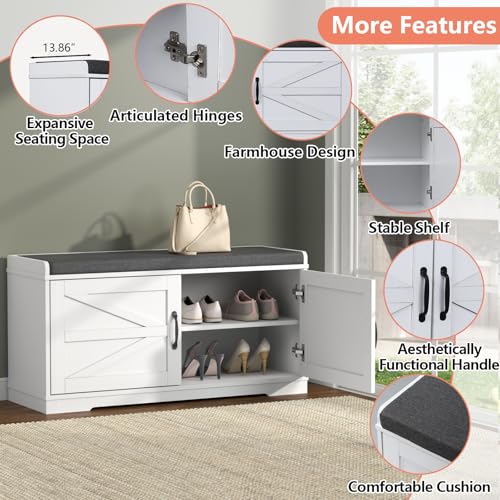 Loomie Shoe Storage Bench, 2-Tier Farmhouse Entryway Bench with Padded Seat Cushion, 13.78" D x 39.37" W x 19.69" H, Slim Shoe Cabinet Bench for Entryway, Living Room, Bedroom (White) - color: White