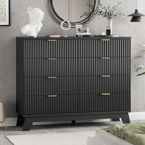 Fluted Dresser for Bedroom with 8 Drawers, 48" Wide Modern Chest of Drawers with Metal Handle, Wooden Dresser TV Stand, Wood Closet Clothes Storage Drawer Organizer for Living Room, Hallway, Black - color: Black, size: 15.6"D x 47.2"W x 38.2"H (8 Drawers)
