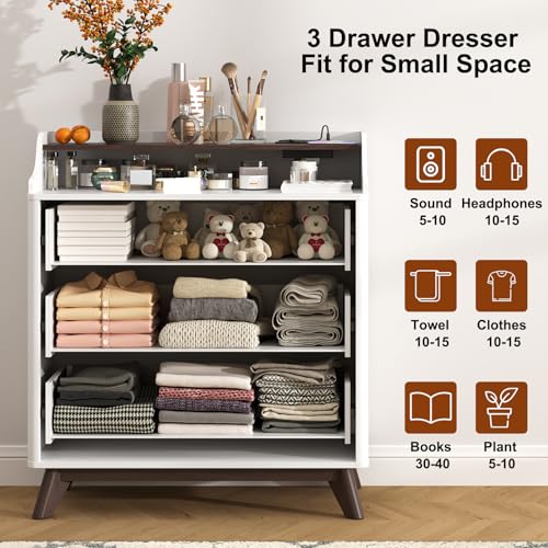 3 Drawer Dressers for Bedroom, 32" Large Wood Dresser w/Charging Station, Open Shelf Top, Pre-Installed Slides, Wide Modern Dressers with 3 Drawer Storage Organizer for Bedroom Living Room, White - color: White, size: 16"D x 32"W x 35"H (3 Drawers)