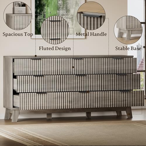 BORNOON 63" Long Dresser for Bedroom, 9-Drawer Fluted Dresser, Extra-Wide Wood Chest of Drawers with Smooth Metal Slides, Stable Base, Modern Clothes Storage Cabinet for Living Room, Hallway, Nursery - color: Rustic Drift, size: XL 9-Drawer