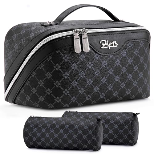 BOYATU Travel Makeup Bag Cosmetic Bags for Women: 3 Pcs Set Large Capacity Make up Bag with Handle - Vegan Leather Toiletry Bags with Compartments - Makeup Organizer for Travel Essentials(A-7-Black) - color: A-7-Black