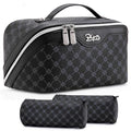 BOYATU Travel Makeup Bag Cosmetic Bags for Women: 3 Pcs Set Large Capacity Make up Bag with Handle - Vegan Leather Toiletry Bags with Compartments - Makeup Organizer for Travel Essentials(A-7-Black) - color: A-7-Black