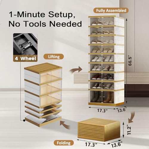 SYNCVIBE Foldable Shoe Rack Organizer Folding Shoe Boxes, 9 Tier 18 Pairs Storage Shoe Cabinet Collapsible Shoe Rack with Magnetic Clear Door Easy Assembly Shoe Cabinet with Wheels, White Gold - color: White and Golden, size: 9 Tier 18 Pairs
