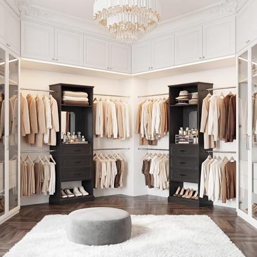 Unikito Closet System, 4FT - 9FT Closet Organizer with Mirror, Luxury Walk in Closet Insert with Drawers and 4 Hanging Rods, Sturdy Wood Wardrobe Closet Garment Rack with 25” Tower, Black - color: Black