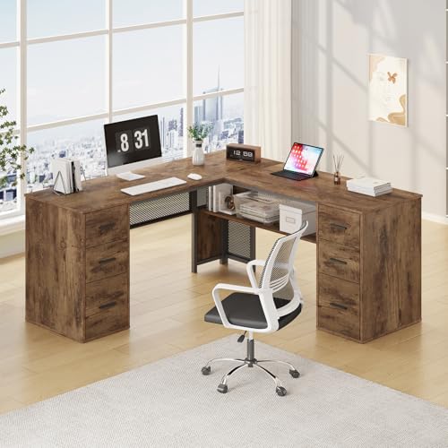 HSH L Shaped Computer Desk with File Drawers, Large Metal Wood L Shape Table with Storage Cabinet Shelves, Reversible Corner Home Office Executive Writing Study Workstation Desk, Rustic Brown, 59 Inch - color: Rustic Brown