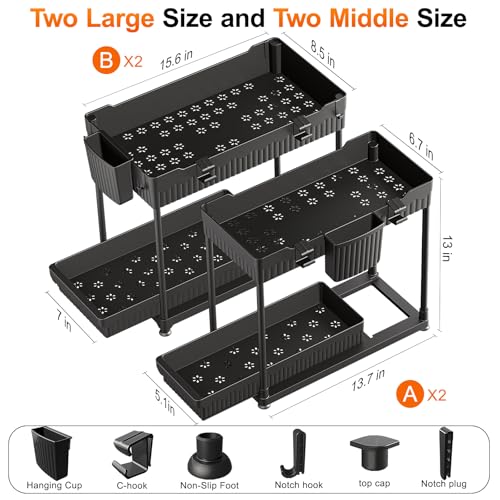 Sevenblue 4 Pack Under Sink Organizer, Bathroom Organizers and Storage, 2 Tier Multi-Use Pull Out Cabinet Organizer with Hang Hooks and Cups (Black, 4 Pack) - color: Black, size: 12.8 Inch